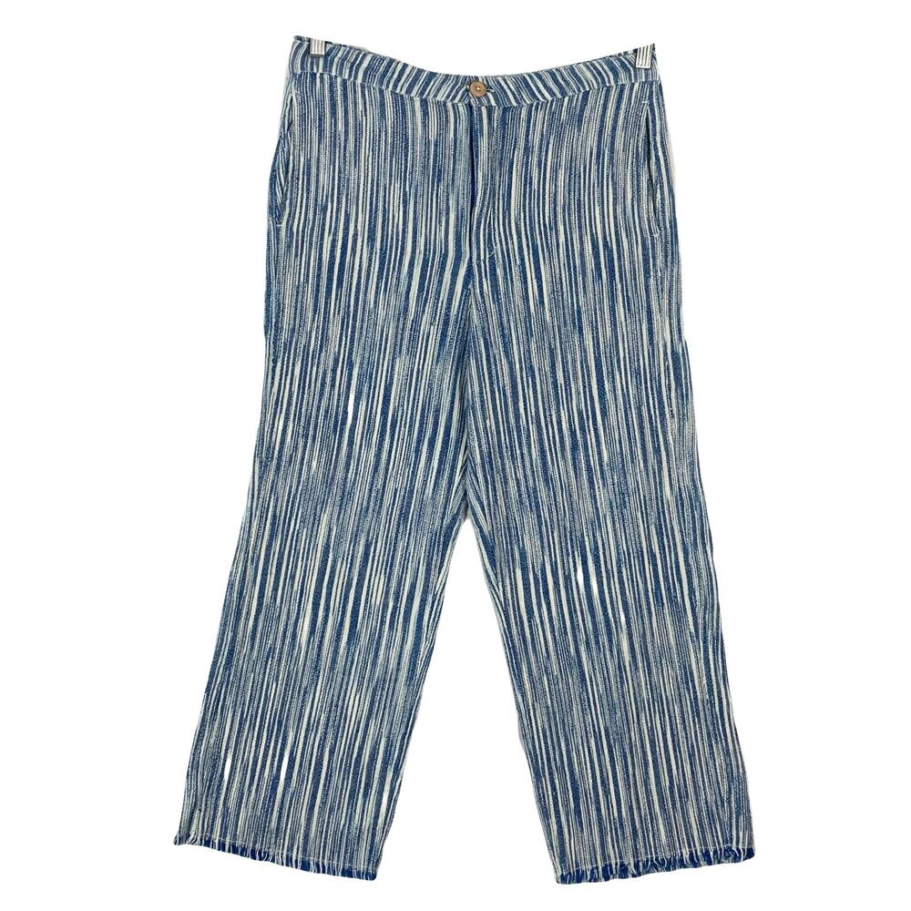 New FREE PEOPLE Pants 8 Blue-White Abstract-Stripe-Print Cotton Raw-Hem-Ankle